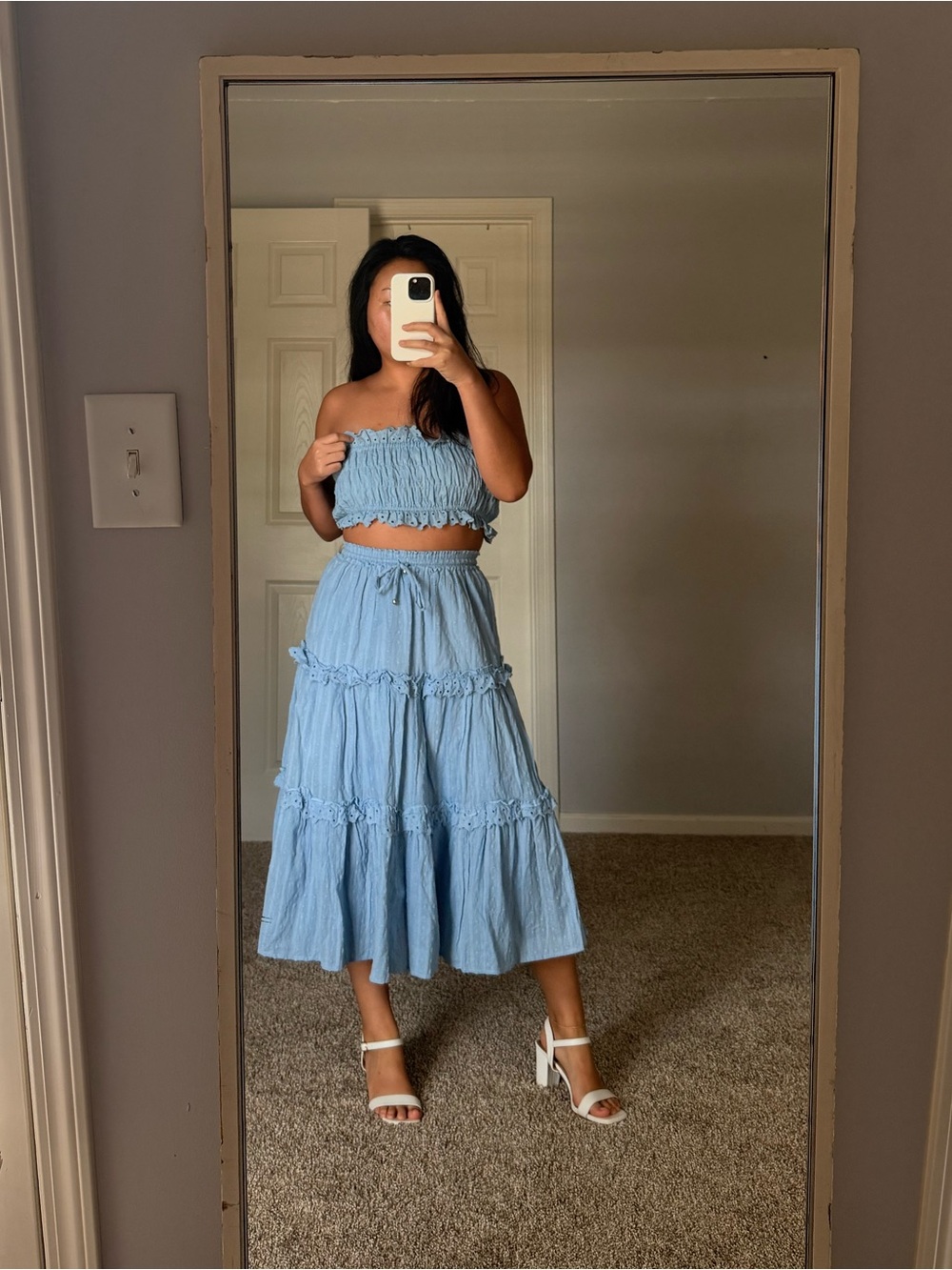 🩵 Mable Light Blue Tiered Midi Skirt Set 🩵